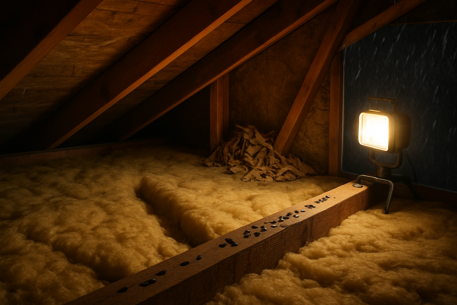 Attic insulation with a rodent runway pressed through it, droppings on a joist, and shredded nesting material