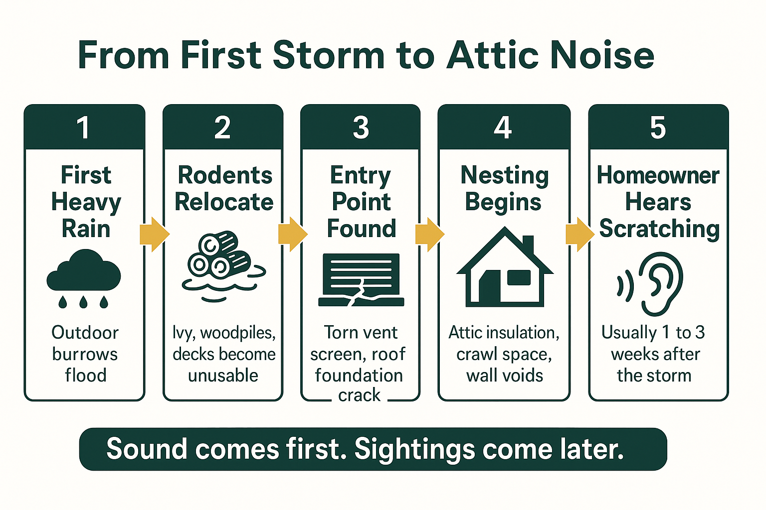 Infographic showing the timeline from the first seasonal storm to rodents nesting in an attic
