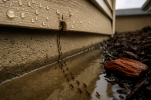 Tiny ants streaming out of soaked mulch and up a wet house foundation after the first rain