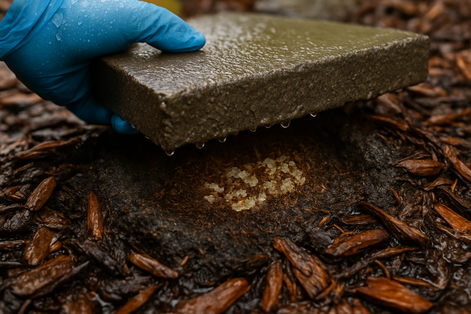 Lifted paver showing a shallow flooded ant nest with workers carrying pale brood through wet soil