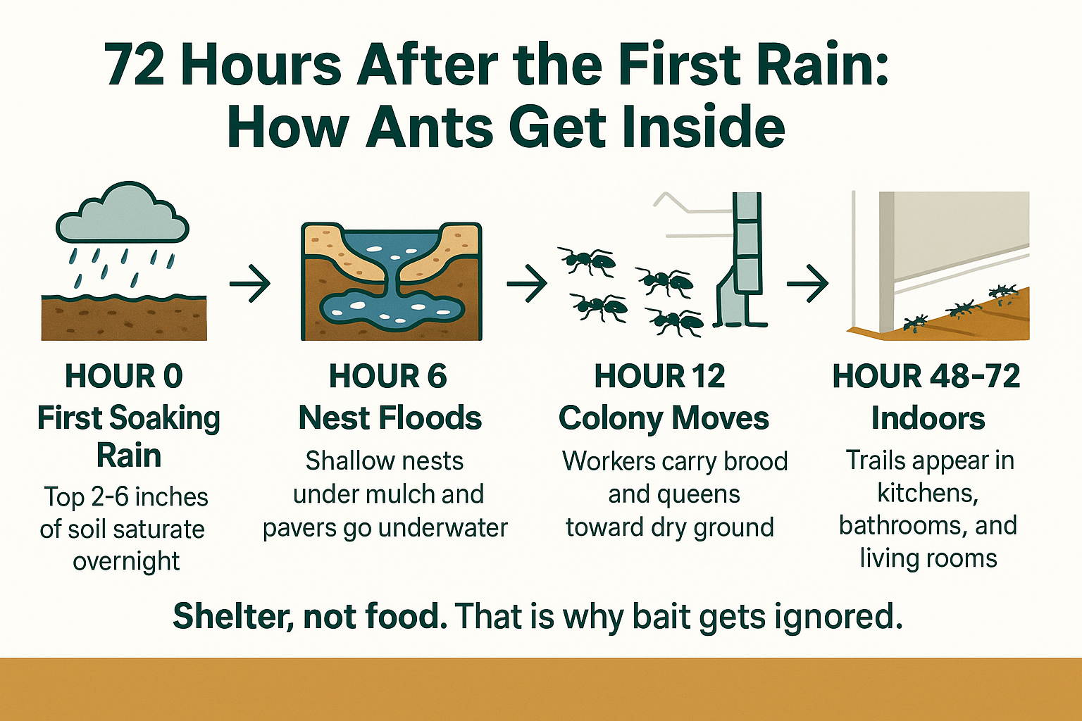 Infographic showing the 72 hour sequence from first rain to flooded ant nests to ants entering a home