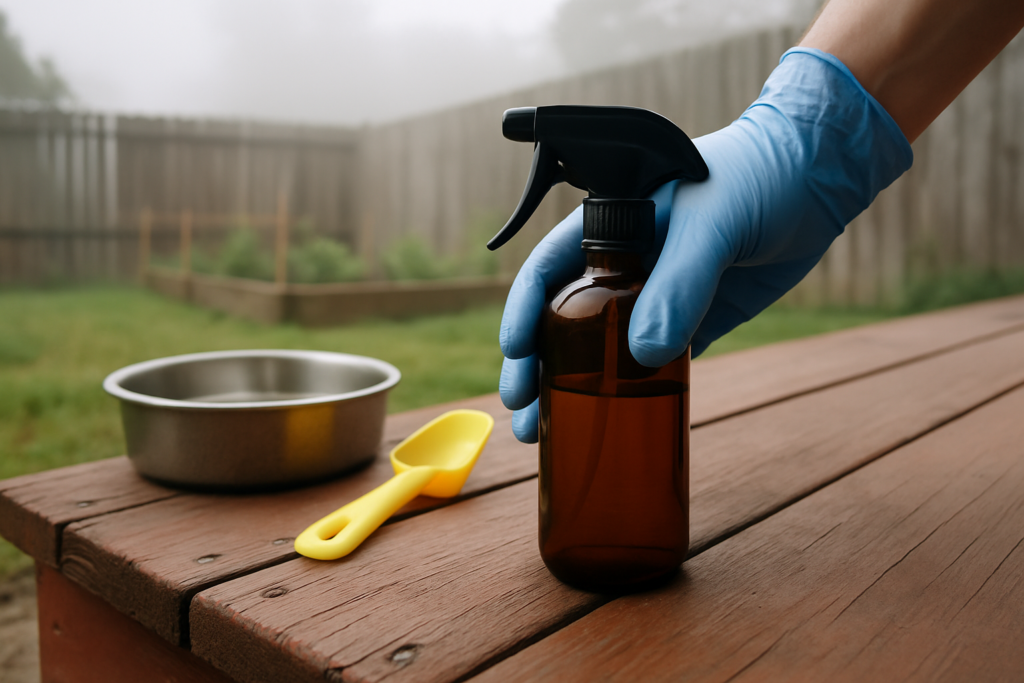Gloved hand placing an unlabeled spray canister on a back porch step near a dog bowl and kids' toy
