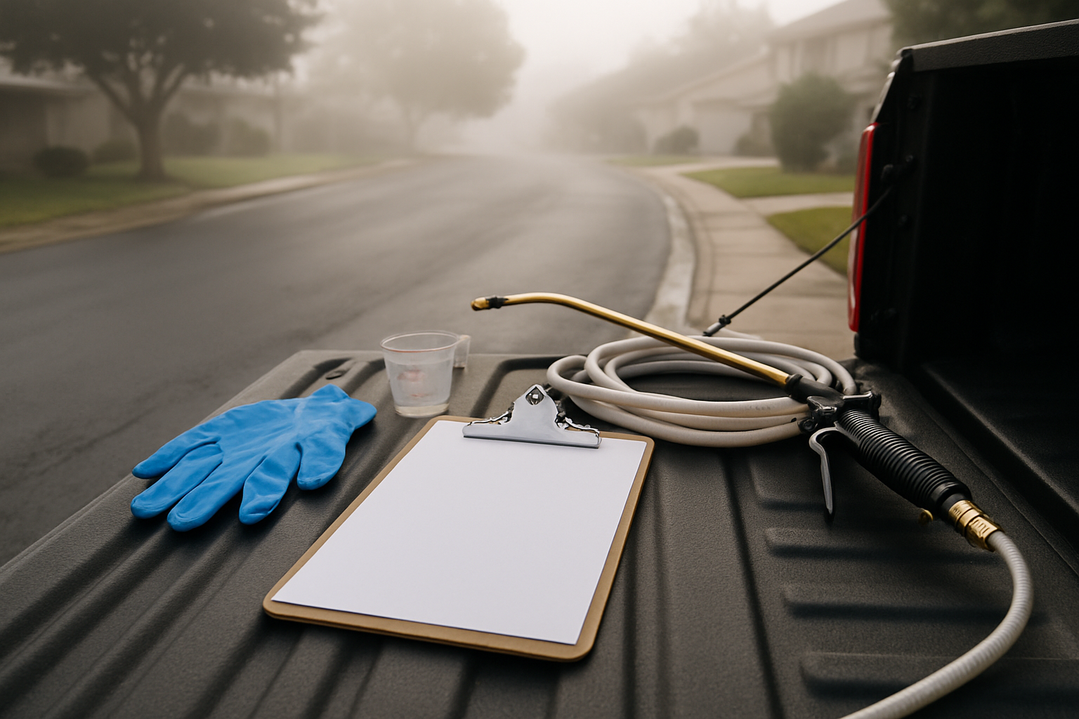 Technician's clipboard, gloves, and measuring cup on a truck tailgate on a foggy Santa Cruz County morning