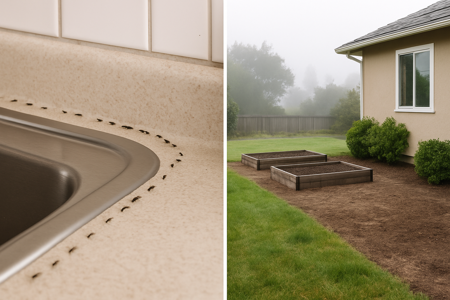 Comparison of a single kitchen ant trail versus a large yard with garden beds and foundation plantings