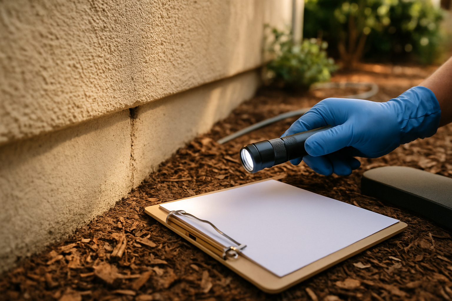 Ant trail crossing a home foundation from a mulch bed while a gloved technician inspects the gap with a flashlight