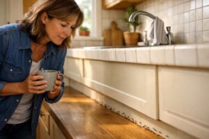 Homeowner holding coffee mug, looking down at kitchen baseboard near sink cabinet in morning light