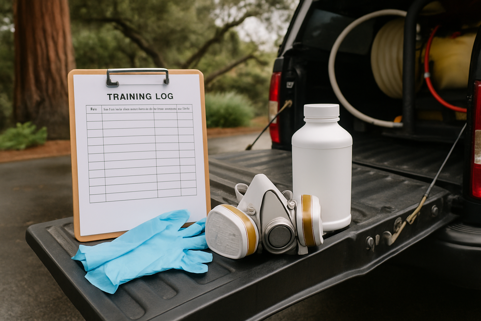 Training log clipboard, gloves and respirator on a work truck tailgate under coastal fog