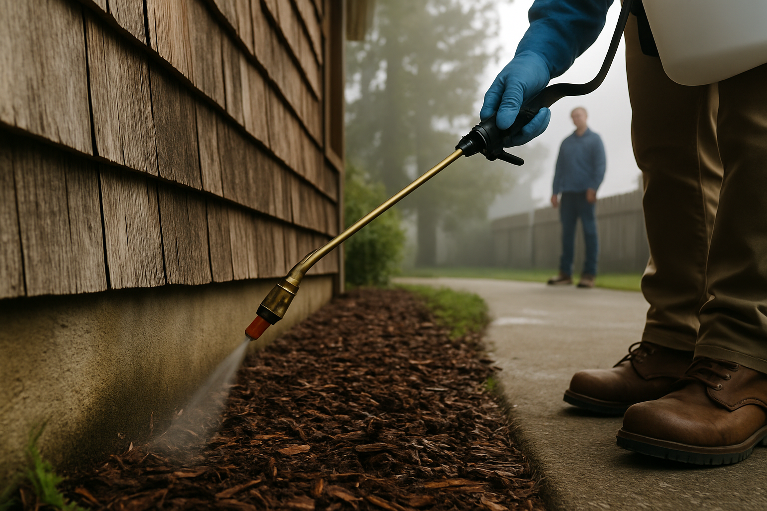 Pesticide sprayer wand treating the outdoor foundation line of a coastal home while a second technician observes nearby