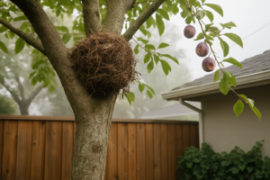 Rat nest in a backyard tree made of shredded bark and grass, with a branch reaching toward a nearby roofline