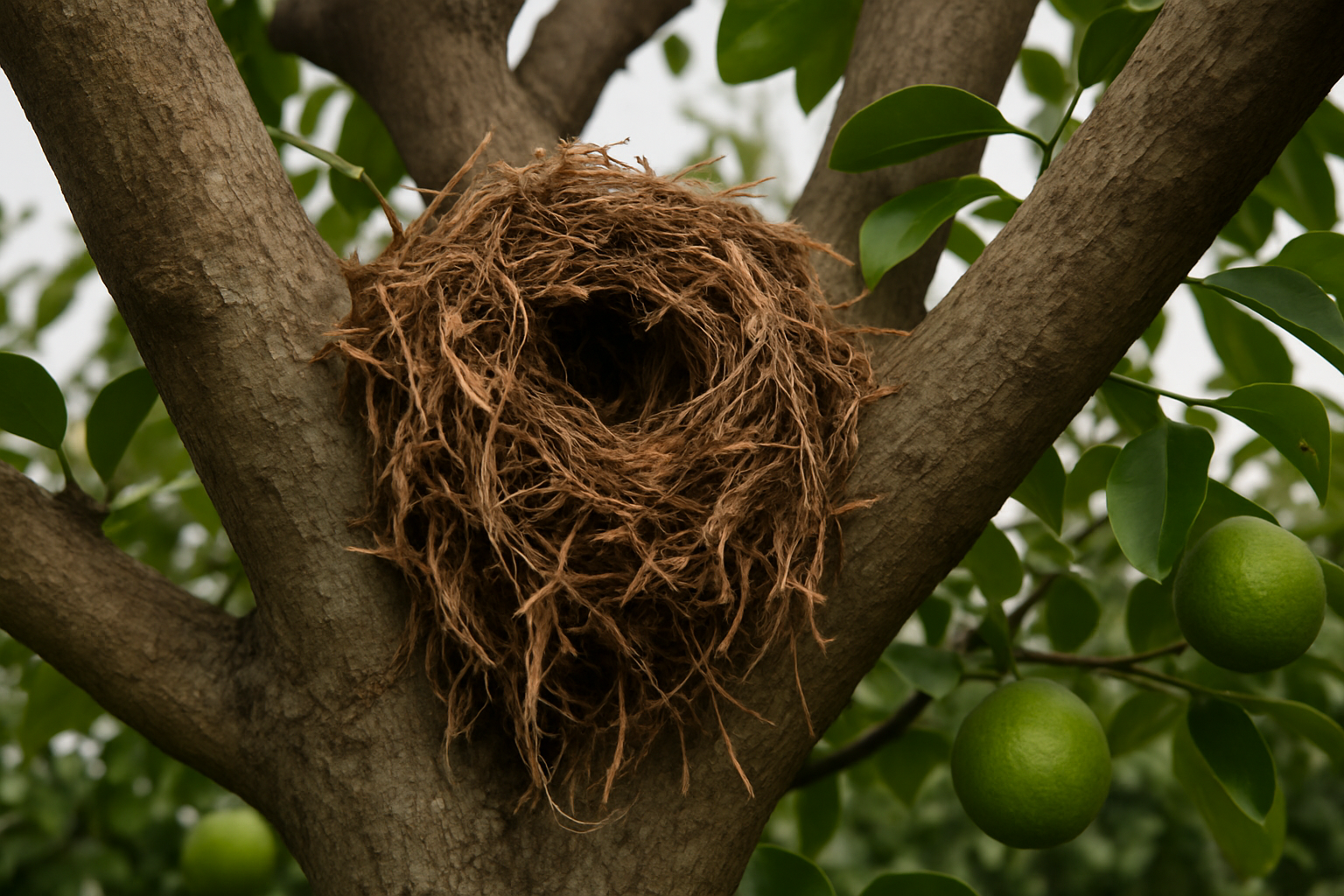Close view of a roof rat nest built from shredded bark and grass wedged in a tree branch fork