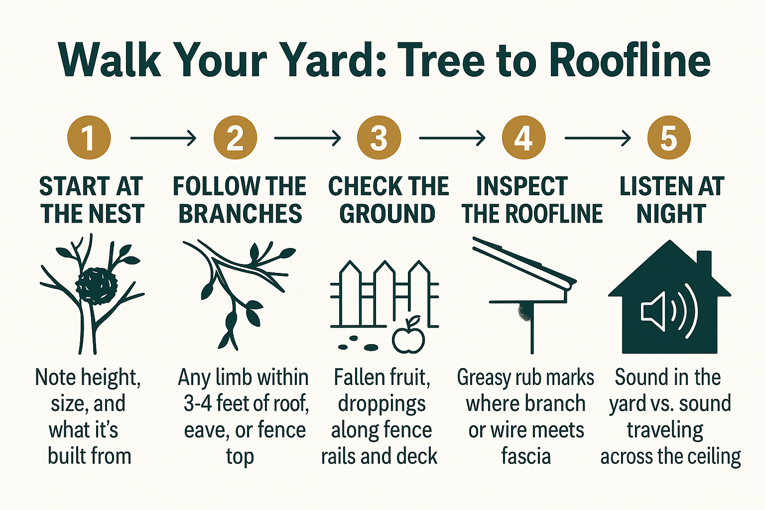 Infographic showing a five step yard walk from a rat nest in a tree to the roofline