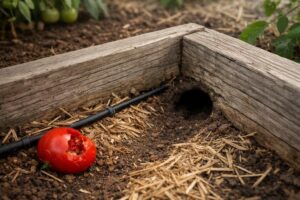 Gnawed tomato beside a burrow entrance at the corner of a wooden raised garden bed with disturbed straw mulch
