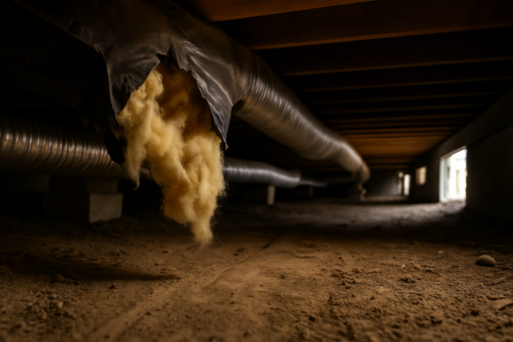 Torn black belly wrap and sagging insulation under a mobile home floor with ductwork and worn rodent paths in the dirt