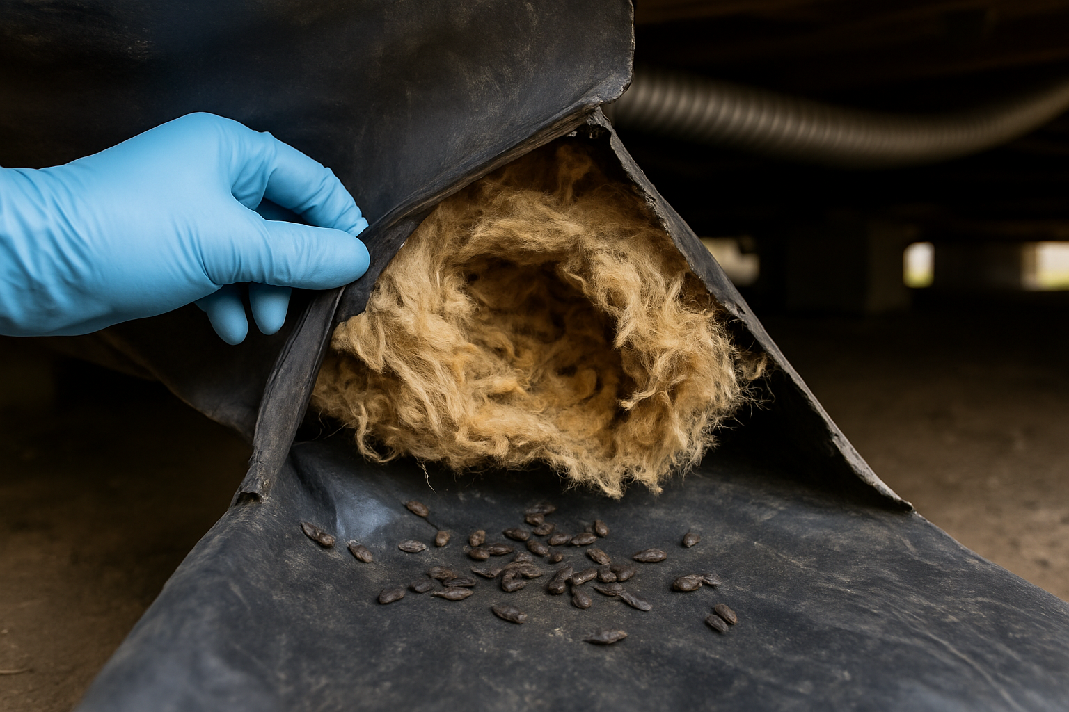 Gloved hand pulling back torn belly wrap to reveal shredded insulation and rodent droppings under a mobile home