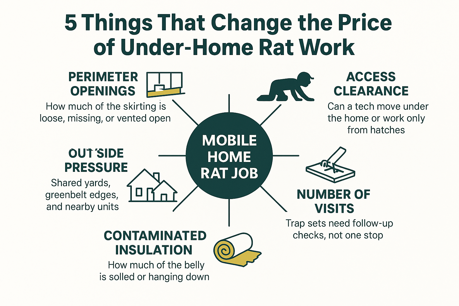 Infographic showing five factors that drive the cost of rat control under a mobile home