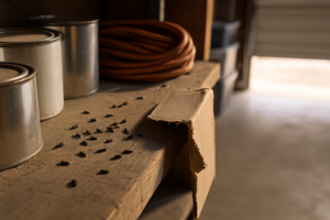 Rodent droppings and a chewed cardboard box corner on a dusty garage shelf beside paint cans
