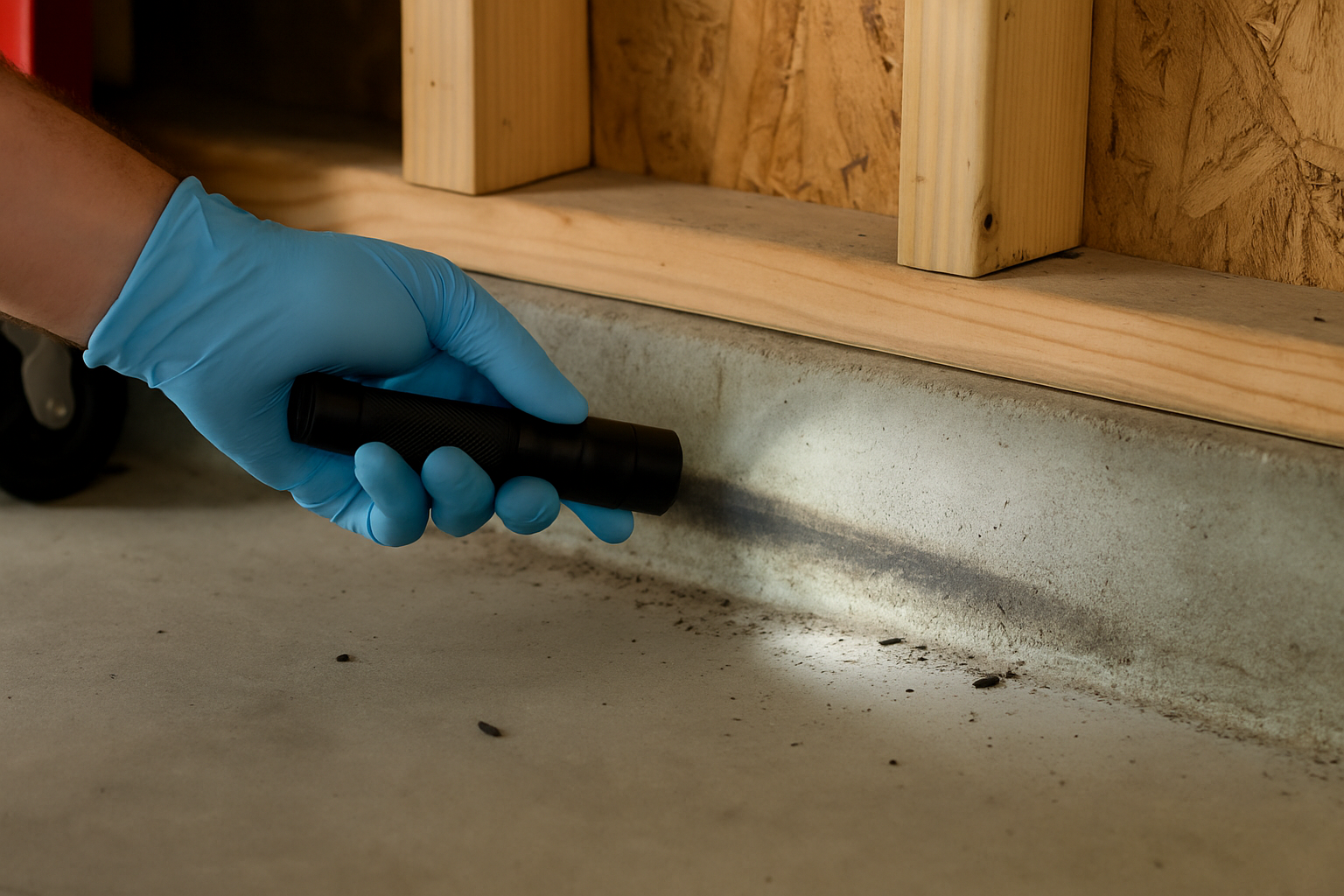 Flashlight angled along a garage baseboard revealing a dark greasy rodent rub mark above the slab