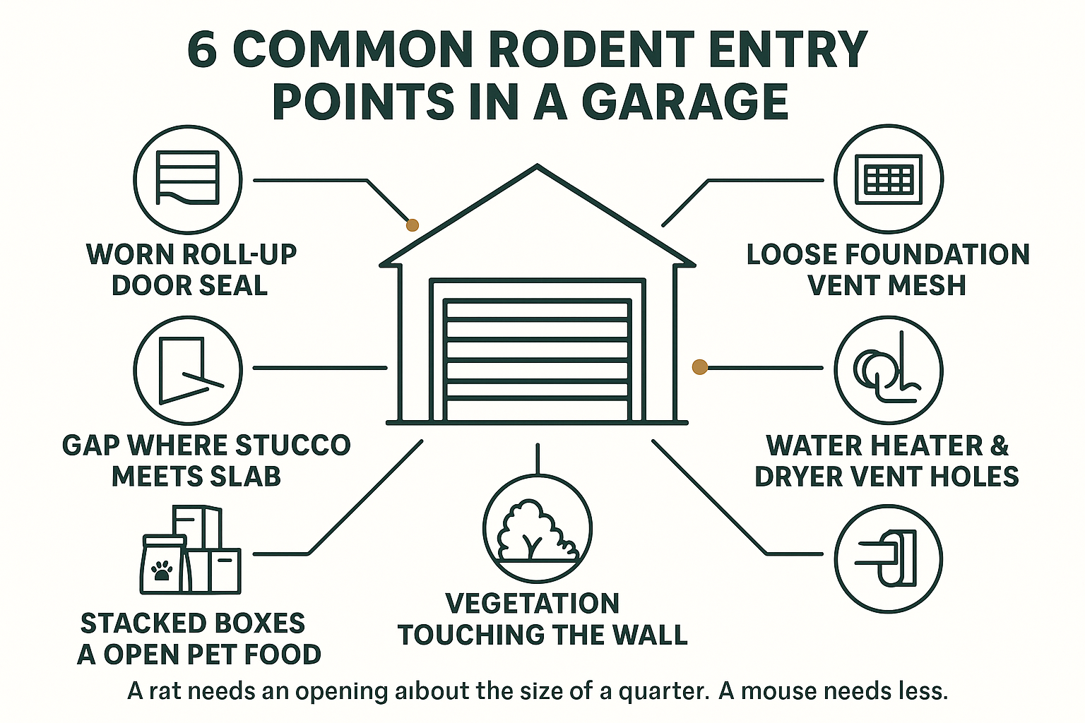 Infographic showing six common rodent entry points in a garage including door seals and vents