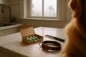 Open box of pet spot-on flea tubes on a kitchen counter beside a flea comb and dog collar