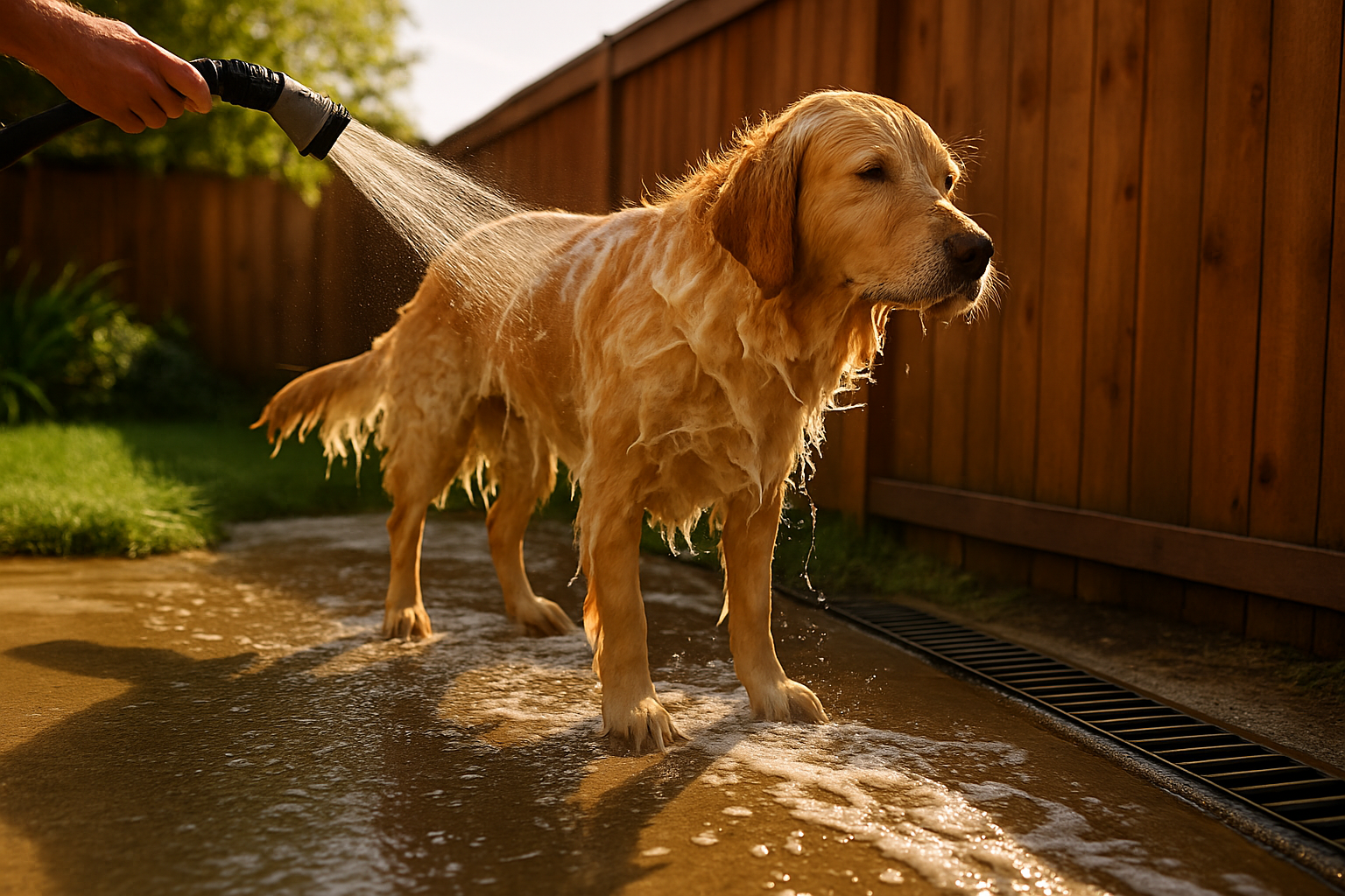 Dog being rinsed with a garden hose in a backyard, soapy rinse water running toward a drain