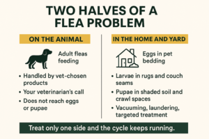 Infographic comparing the flea stages living on a pet versus the eggs and pupae living in the home and yard
