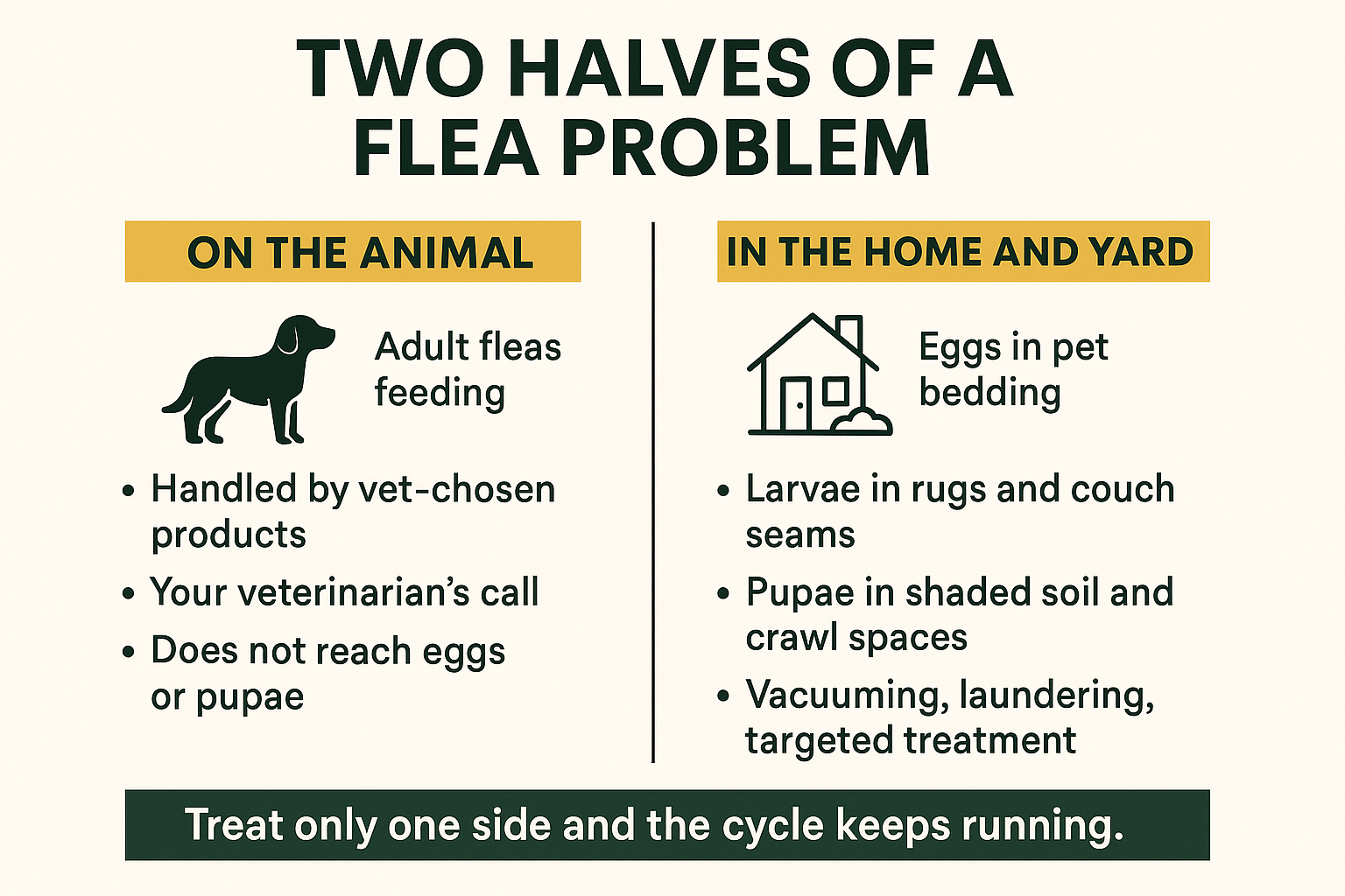 Infographic comparing the flea stages living on a pet versus the eggs and pupae living in the home and yard