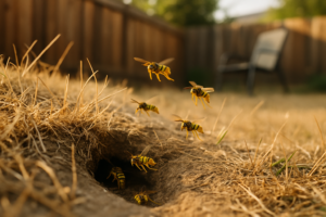 Yellow jackets flying in and out of a ground nest hole in a dry backyard lawn slope