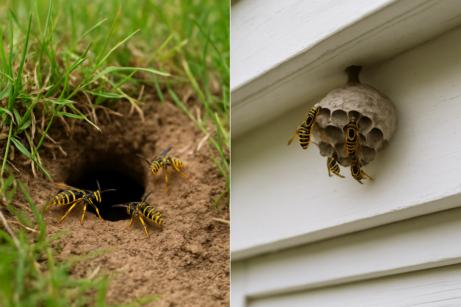 Side by side comparison of a wasp ground nest hole in dirt and a paper wasp nest under a house eave