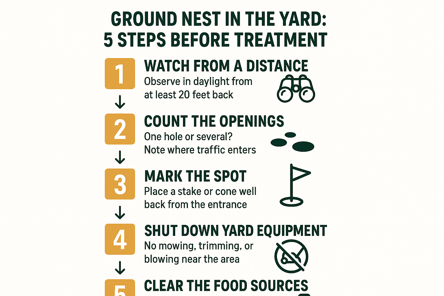 Infographic showing five safety steps to take before treating a yellow jacket ground nest in a yard