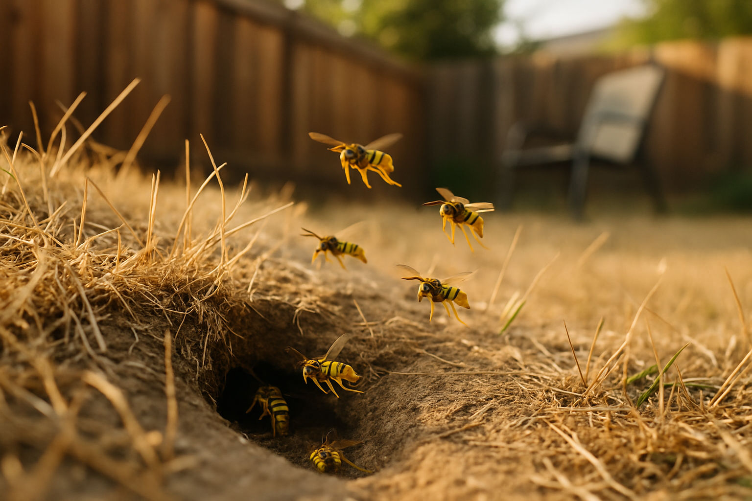 Yellow jackets flying in and out of a ground nest hole in a dry backyard lawn slope
