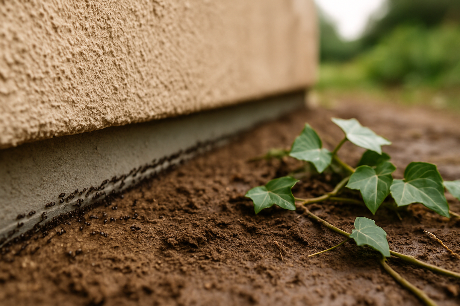 Ant trail moving along the weep screed gap at the base of a stucco home foundation near damp soil