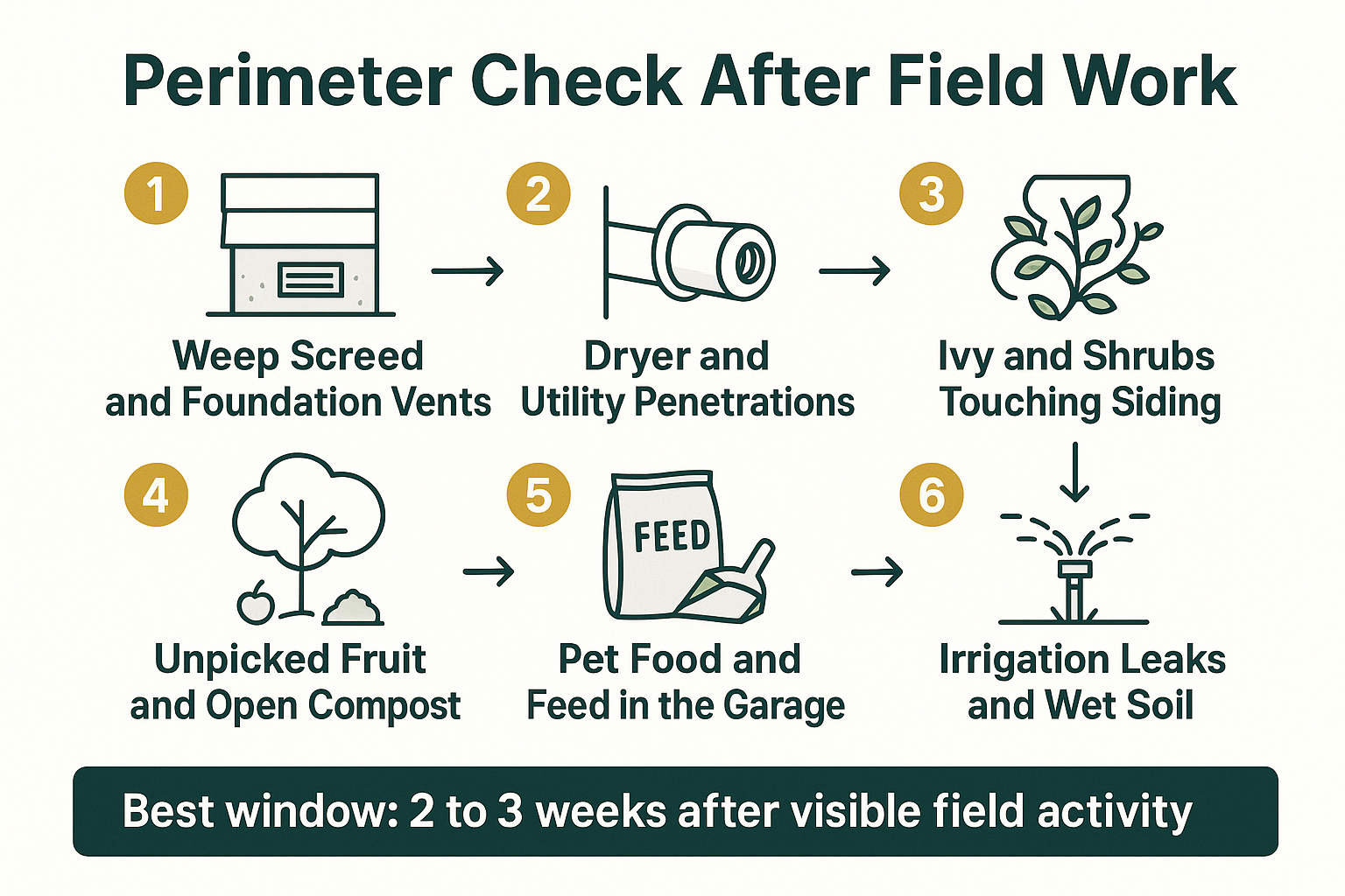 Infographic showing a six-step perimeter check for homes near farm fields after tilling or harvest