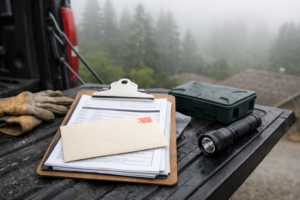 paperwork, gloves and a bait station on a work truck tailgate in coastal morning fog