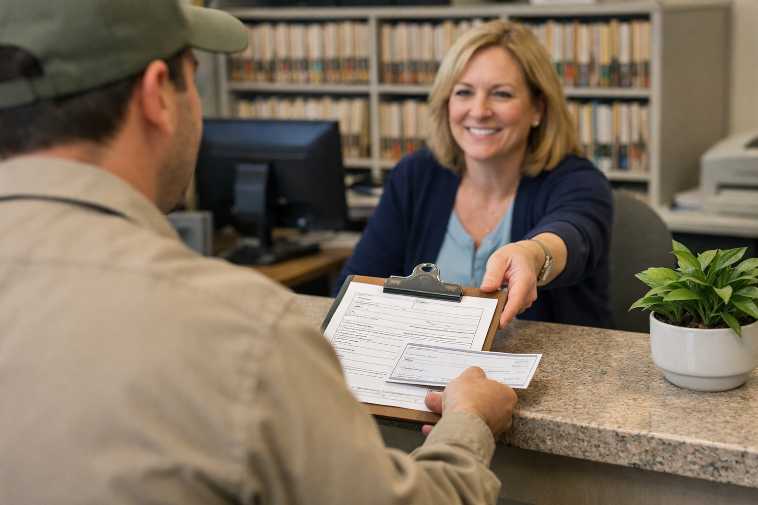 worker submitting county registration paperwork at an agricultural commissioner service counter