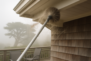 Extension pole brush clearing cobwebs from the eaves of a foggy coastal home