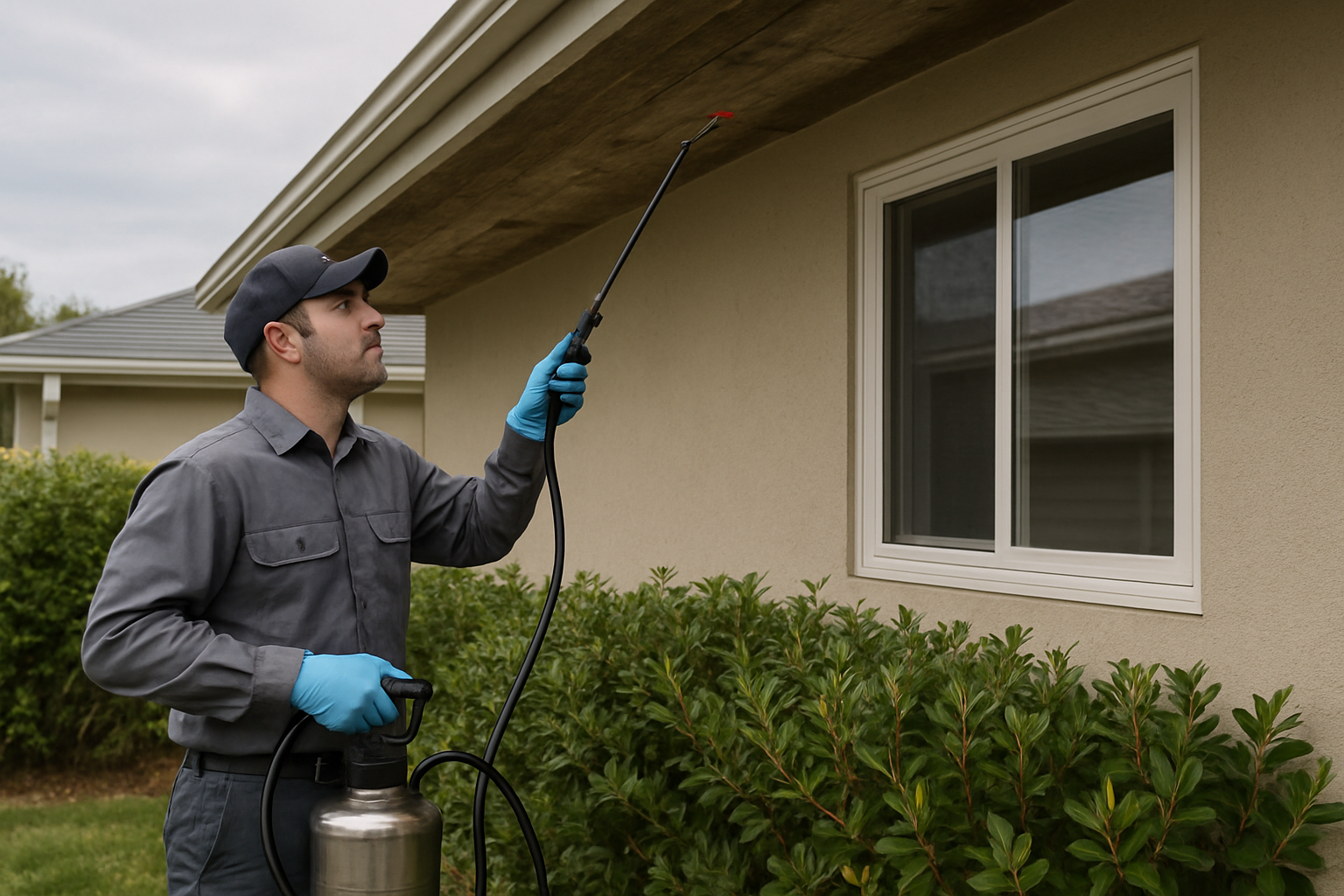 Technician applying targeted spider treatment along a soffit and window frame on a home exterior