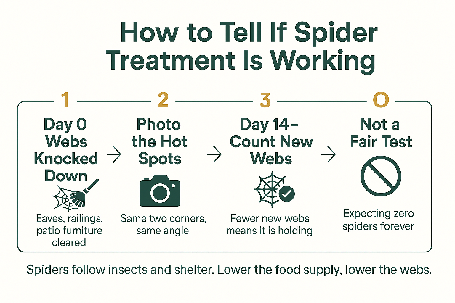 Infographic showing a four step timeline for judging whether spider treatment is working